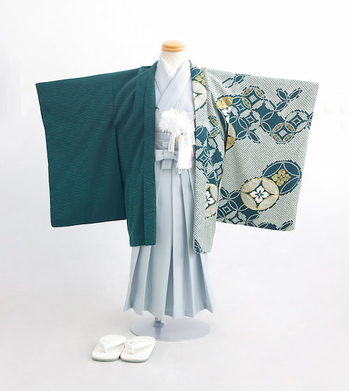 七宝に金/片身変わり（グリーン）七五三／三歳・五歳用