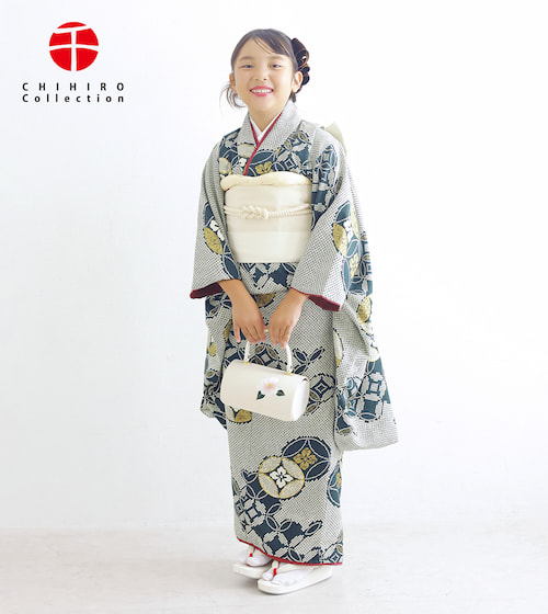 七宝に金（グリーン）七五三／七歳用