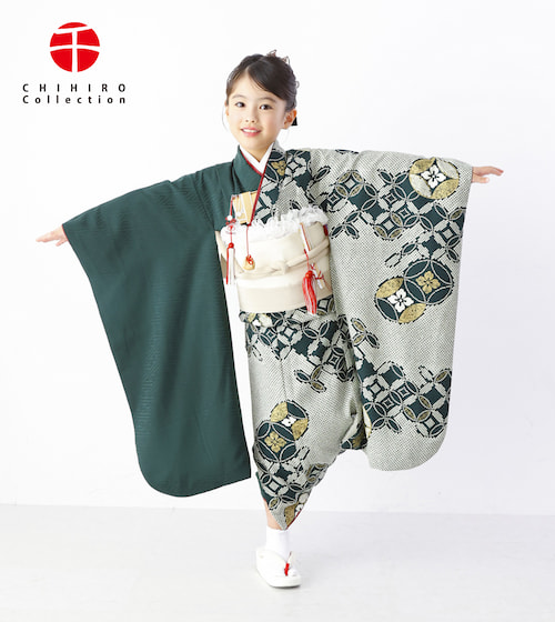 七宝に金/片身変わり（グリーン）七五三／七歳用