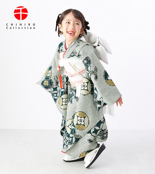 七宝に金（グリーン）七五三／七歳用