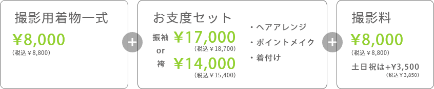 撮影用着物一式8,800円）＋お支度セット：振袖18,700円or袴15,400円＋撮影料8,800円（土日祝は＋3,850円）